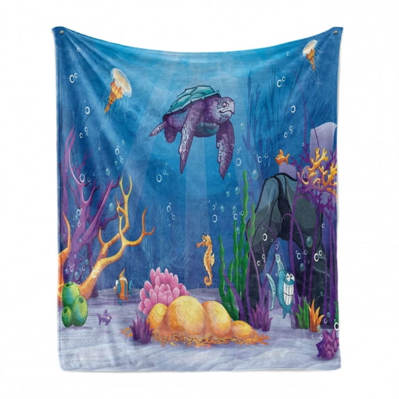 Turtle Soft Flannel Fleece Throw Blanket, Underwater World Style Illustration Funny Fish Jellyfish Sea Horse, Cozy Plush for Indoor and Outdoor Use, 50" x 70", Purple Orange Aqua, by Ambesonne