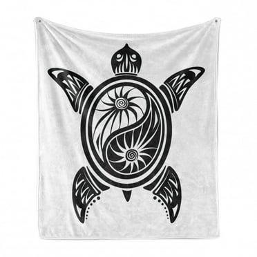 Turtle Soft Flannel Fleece Throw Blanket, Ying Yang Inspired Ornamental Design on the Shell of Terrapin Animal, Cozy Plush for Indoor and Outdoor Use, 50" x 60", Black and White, by Ambesonne