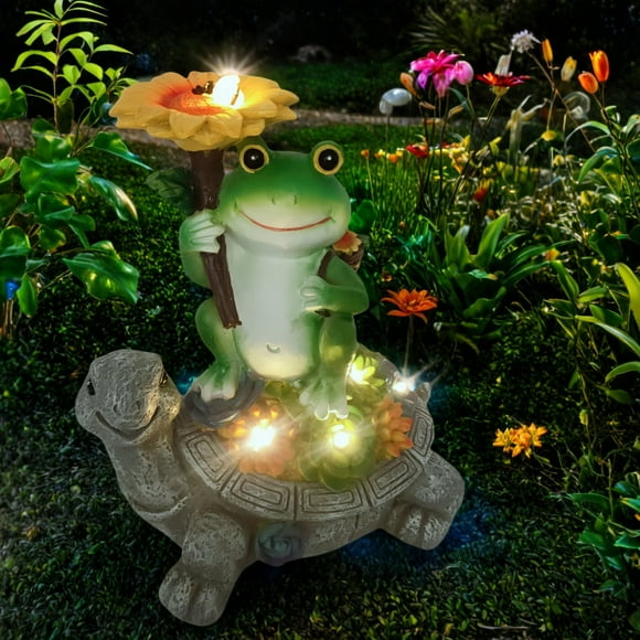 Turtle Solar Garden Statue Decoration, Frog Sit on Tortoise Holding Sunflower Figurines