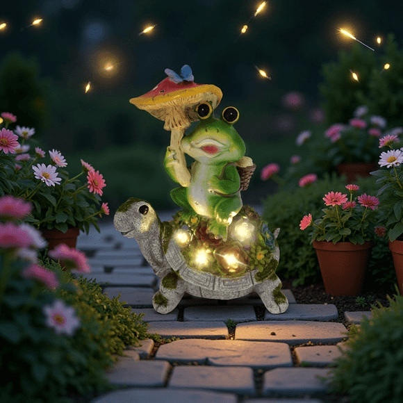 Turtle Solar Garden Statue Decoration, Frog Sit on Tortoise Holding Sunflower Figurines