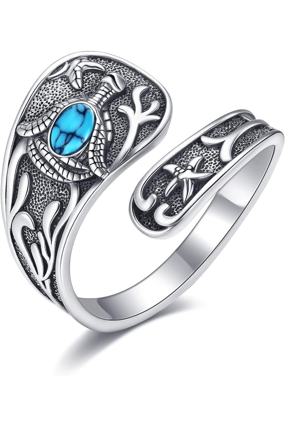 Turtle Spoon Ring 925 Sterling Silver Turquoise Turtle Ring Adjustable Thumb Rings Animal Jewelry Gifts for Women Mom Wife