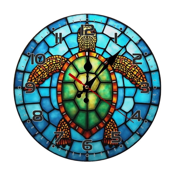 Turtle Stained Glass Mosaic Wall Clock 10 Inch Silent Non Ticking Round Clock Decoration for Living Room Kitchen Bedroom Bathroom Office Classroom
