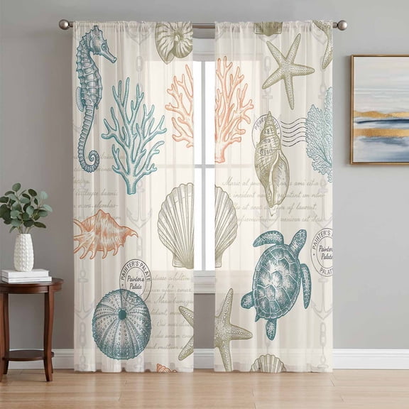 Turtle Starfish Coastal Sheer Curtains 96 Inch Length 2 Panels Set, Nautical Summer Beach Ocean Shell Voile Window Treatment Semi Sheer Long Curtains Drapes for Bedroom/Living Room/Kitchen 52"x96"x2