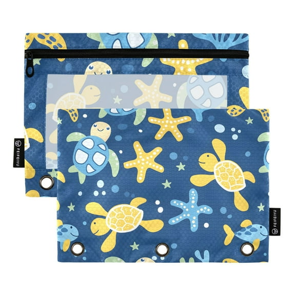 Turtle Starfish Fish Seaweed 2 Pack Pencil Pouch for 3 Ring Binder Smooth Zipper Folders with Pockets Clear Window Pencil Case