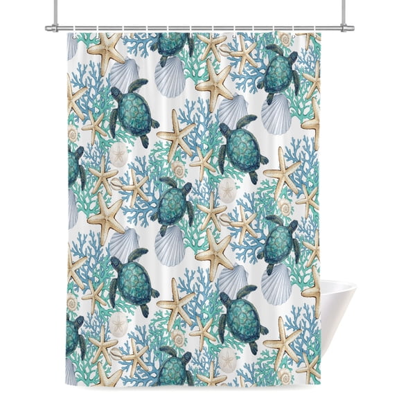 Turtle Starfish Shower Curtain, Coastal Green Seashell Coral Sand Dollars Waterproof Shower Curtain Set with 12 Hooks Lightweight Bath Curtains Fabric Bathroom Decor 72x72 Inches