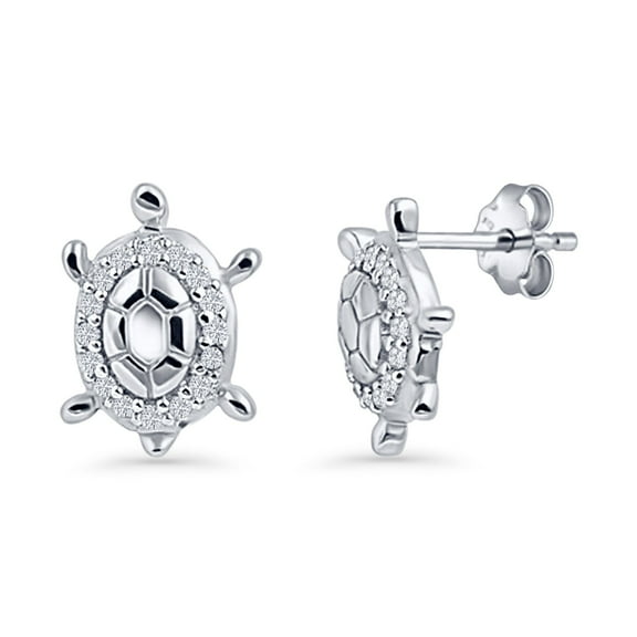 Turtle Stud Earrings CZ 925 Sterling Silver 12mm