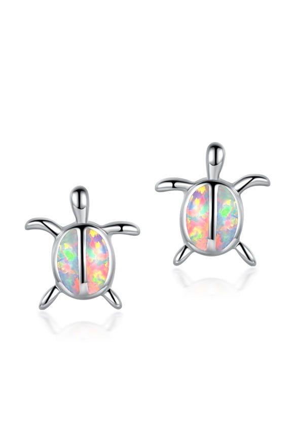 Turtle Stud Earrings for Women 18K White Gold Plated Fire Opal Birthstone Gemstone Earings Cute Hypoallergenic Jewelry Birthday Gifts Mother Granddaughter