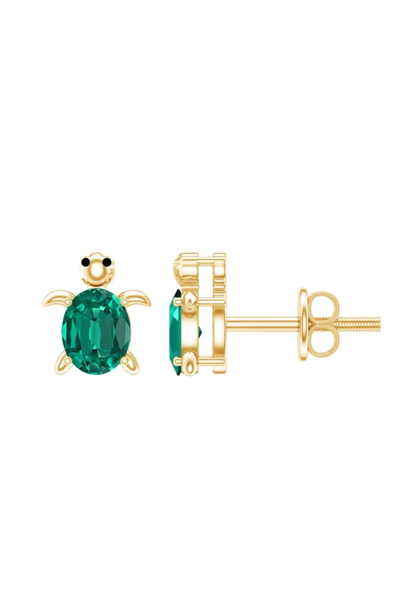 Turtle Stud Earrings for Women, Oval Shape Lab Grown Emerald Solitaire Earrings, 14K Yellow Gold