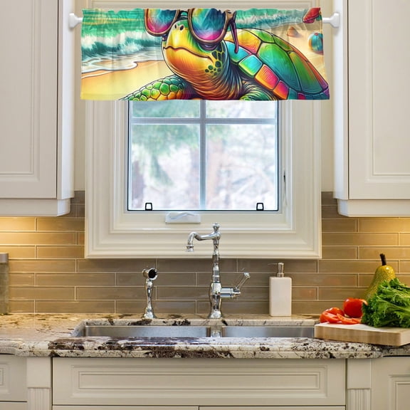Turtle Sunglasses Beach Sea Curtain Valances Farmhouse Design Window Treatment Decor Blackout Rod Pocket for Windows Living Room Kitchen 54" x 18"