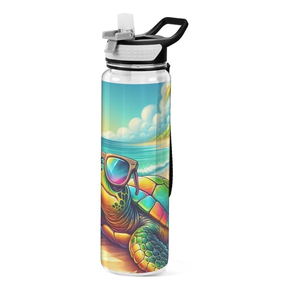 Turtle Sunglasses Beach Sea Sports Water Bottle Portable Travel Mug 32oz BPA Free Leak Proof Straw Transparent Tritan for Gym Yoga Cycling Camping