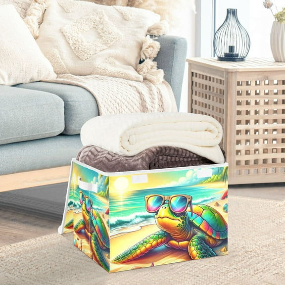 Turtle Sunglasses Beach Sea Storage Basket Foldable Laundry Basket Shelf Kids Toy Storage Container Organizer with Handles