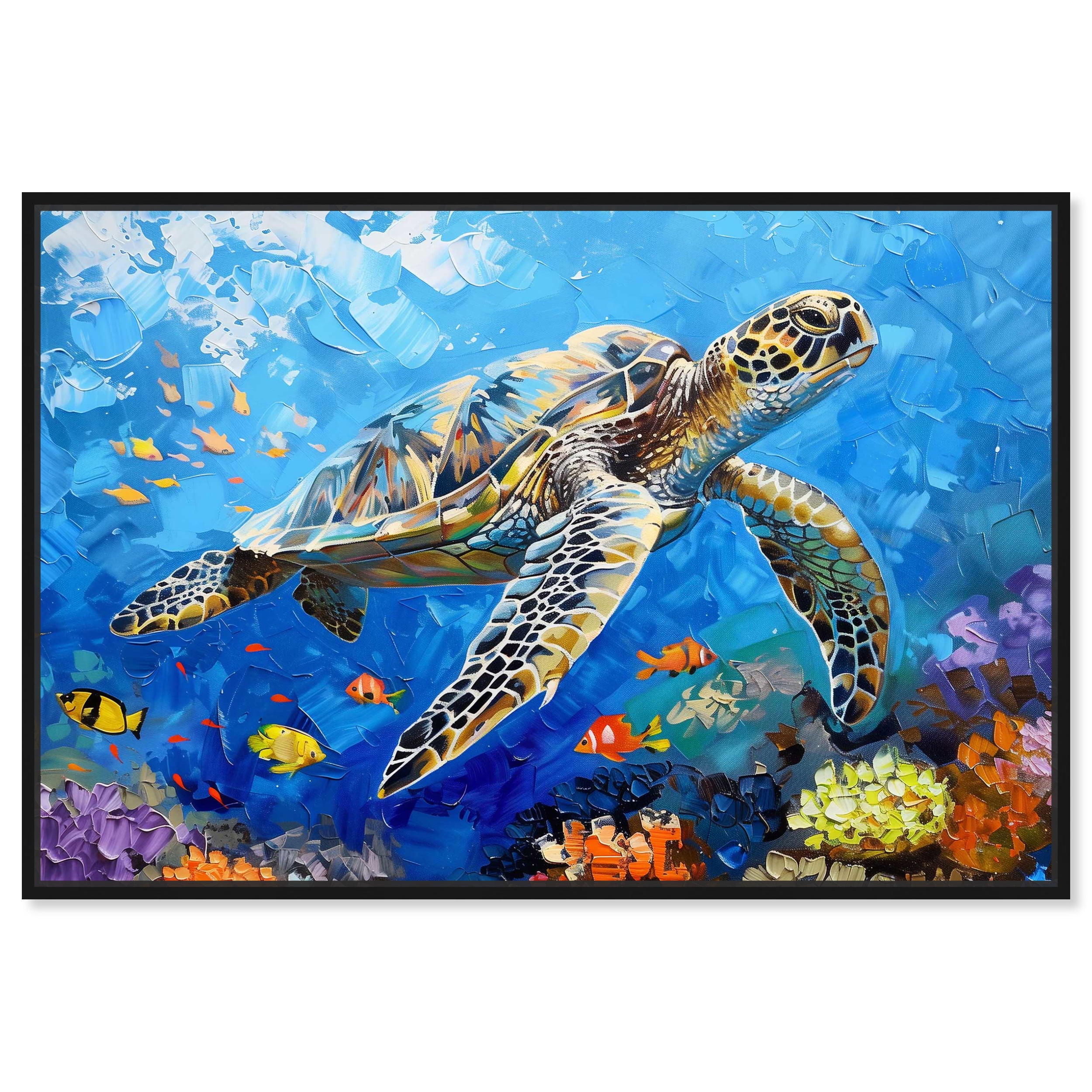 Colorful Coastal Turtle Swimming Canvas Wall Art in Black Frame