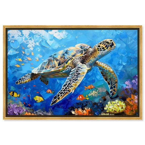 Turtle Swimming Colorful Coastal Wall Art Canvas Wall Art by Art Remedy, Gold Floater Frame, 16.5" x 11.5"