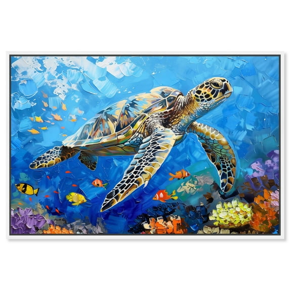 Turtle Swimming Colorful Coastal Wall Art Canvas Wall Art by Art Remedy, White Floater Frame, 16" x 11"