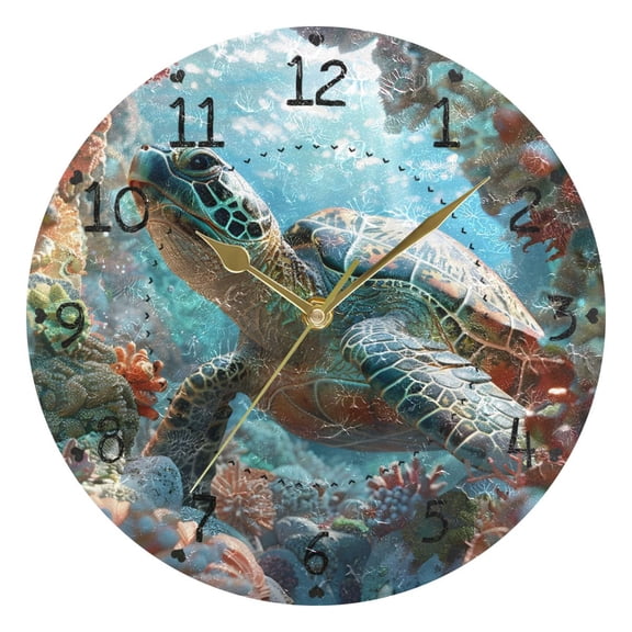 Turtle Swimming Through Coral Round Wall Clock Silent Analog Battery Operated Gold Pointer Home Decor 9.84" Diameter