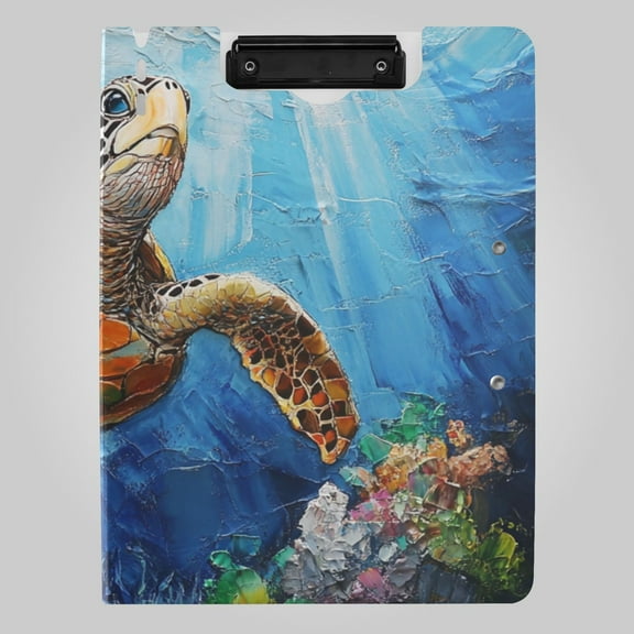 Turtle Swimming under Sea Foldable Binder Folder Clipboard with Pen Slot Double Clips A4 Size File Storage
