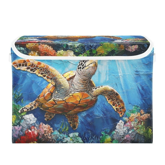 Turtle Swimming under Sea Foldable Storage Bin with Lid and Handle Collapsible Storage Box 16.5 x 12.6 x 11.8 inches