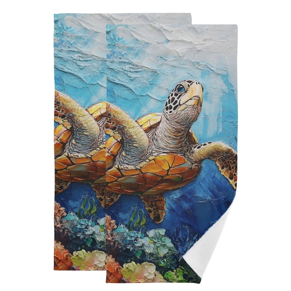 Turtle Swimming under Sea Hand Towel Absorbent Bath Towels for Bathroom Sports Gym 28" x 14" Set of 2