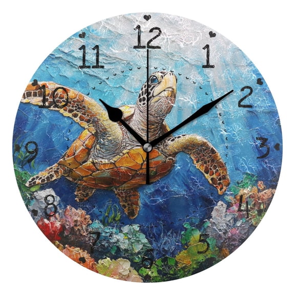 Turtle Swimming under Sea Round Wall Clock Silent Analog Battery Operated Black Pointer Home Decor 9.84" Diameter