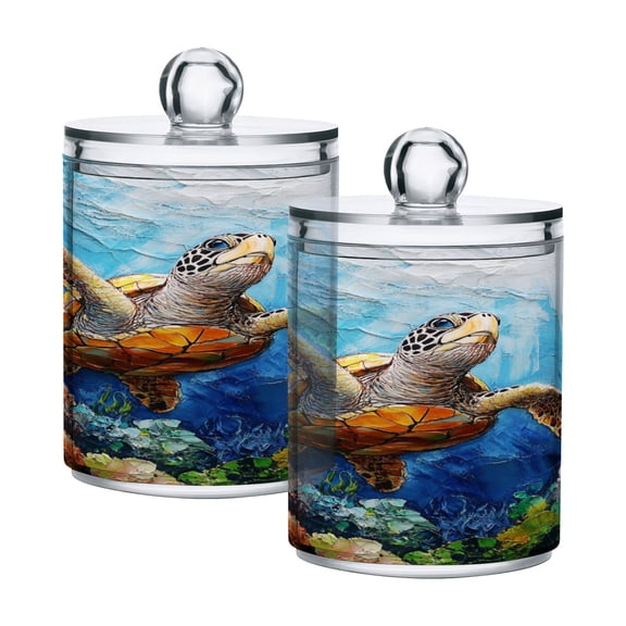 Turtle Swimming under Sea Translucent Plastic Cans Storage Canisters with Lid Set of 2