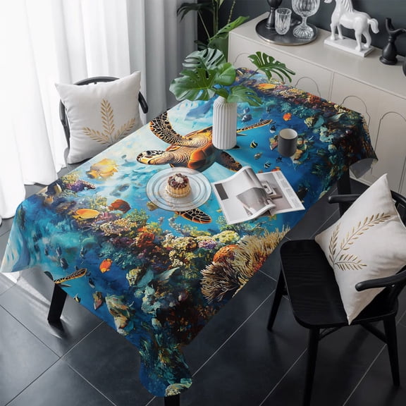 Turtle Table Cloth Waterproof Tablecloths, Ocean Underwater Coral Fish Animal Modern Tablecloth Dining Table Cover for Kitchen Party Tabletop Outdoor, Rectangle Tablecloth 60x120 Inch
