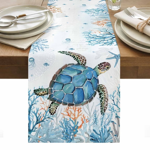 Turtle Table Runner - 70 Inch Long, Kitchen Dining Table Runner Dresser Scarves, Blue Coastal Starfish Ocean Coral Nautical Farmhouse Decor for Coffee Tables Wedding Party Banquet