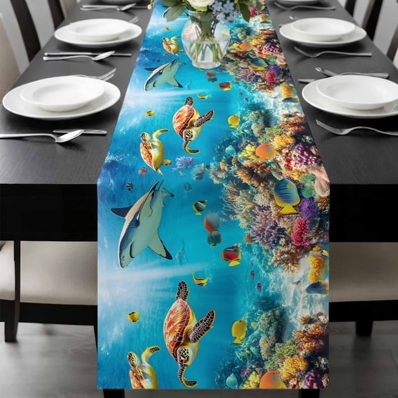 Turtle Table Runner 70 Inches Long, Shark Ocean Coral Underwater Scenery Sea Kitchen Coffee Dining Table Decoration for Home Party Birthday Wedding Home Decor 13x70 Inches