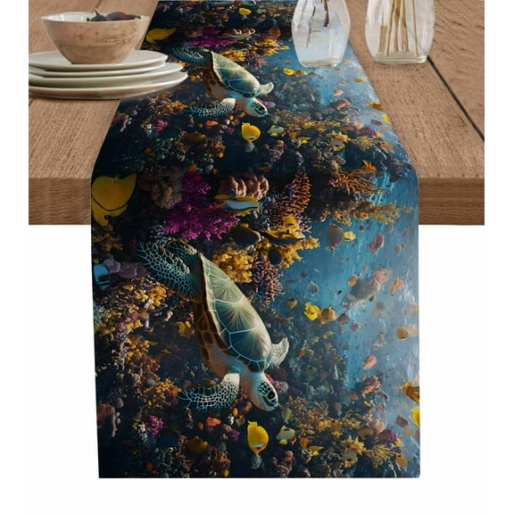 Turtle Table Runner Cotton Linen 36 Inch Holiday Dresser Scarves, Ocean Coral Sea Fish Modern Summer Animal Tablerunner for Kitchen Coffee Dining Bedroom Living Room Dinner Scarf Décor 13''x36''