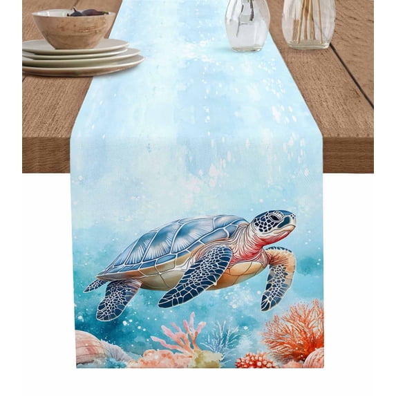 Turtle Table Runner Cotton Linen 90 Inch Holiday Dresser Scarves, Coastal Blue Ocean Sea Coral Starfish Shell Tablerunner for Kitchen Coffee Dining Bedroom Living Room Dinner Scarf Décor 13''x90''