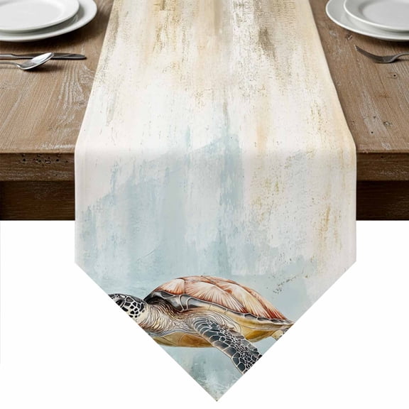 Turtle Table Runner Linen Burlap Table Runner 36 Inches Small Coastal Ocean Coral Reef Retro Shell Sea Dresser Scarves for Kitchen Island Coffee Dining Party Wedding Banquet Holiday Decor 13"x36"