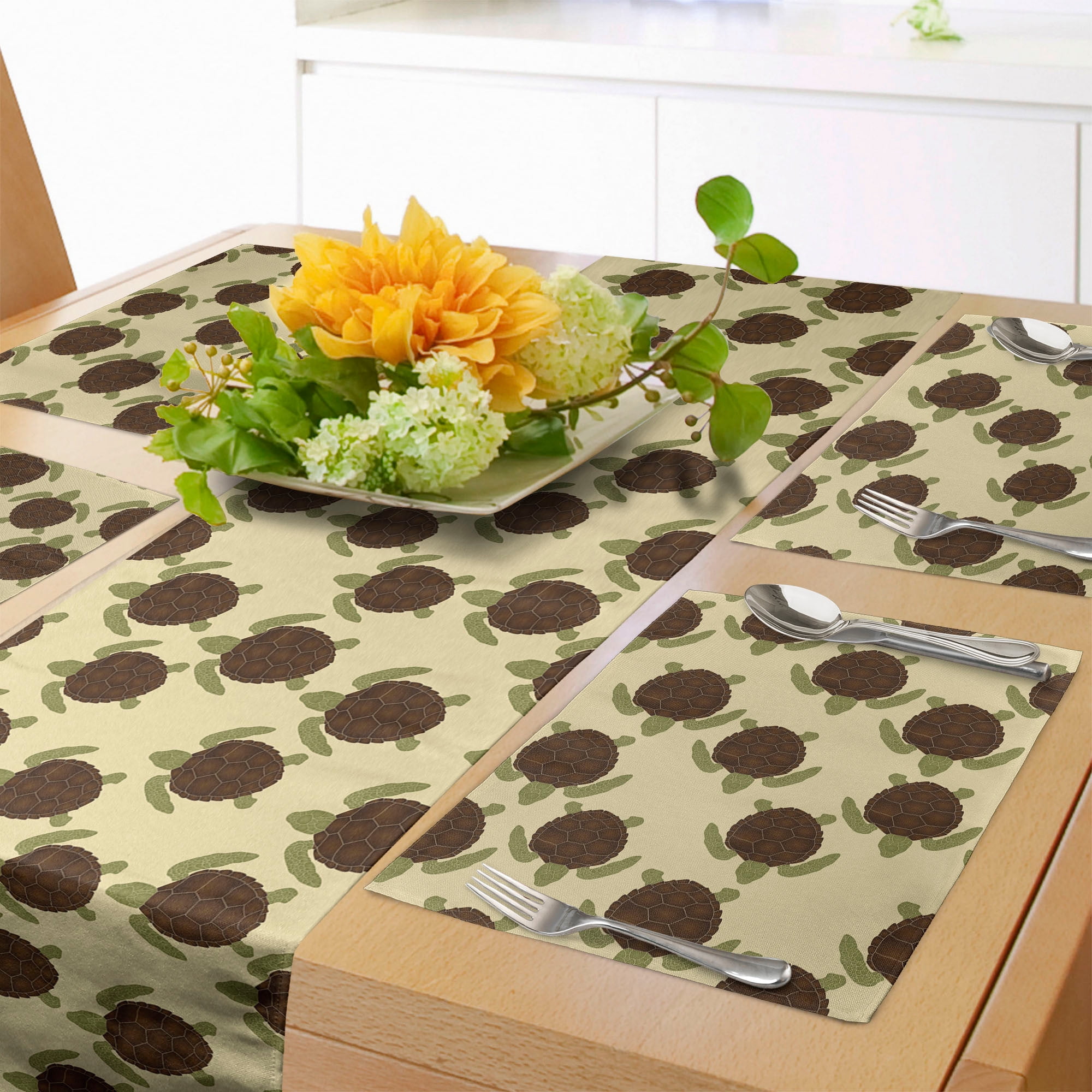 Turtle Table Runner & Placemats, Repetitive Swimming Sea Hexagonal