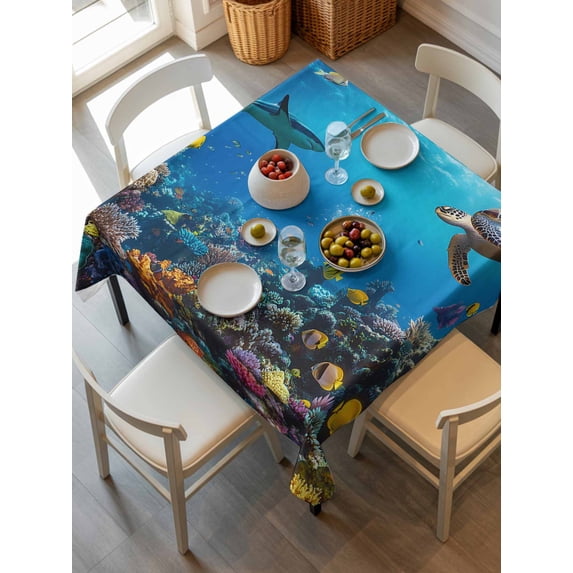 Turtle Tablecloth Square Table Cloth 54x54, Waterproof Tablecloth Outdoor Table Cloth, Blue Ocean Sea Shark Coral Cartoon Fish Summer Washable Table Cover for Kitchen Dinning Party