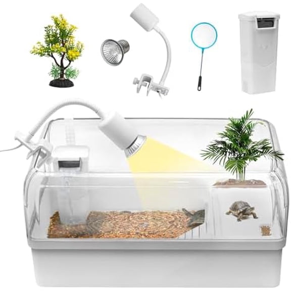 Turtle Tank Acrylic Habitat Kit with Silent Filter & Bottom Drain,UVB Basking Platform Light,Multi-Zone Aquatic Tortoise Enclosure with Hideout,Feeding Area,Plant,Net & Accessories for Baby