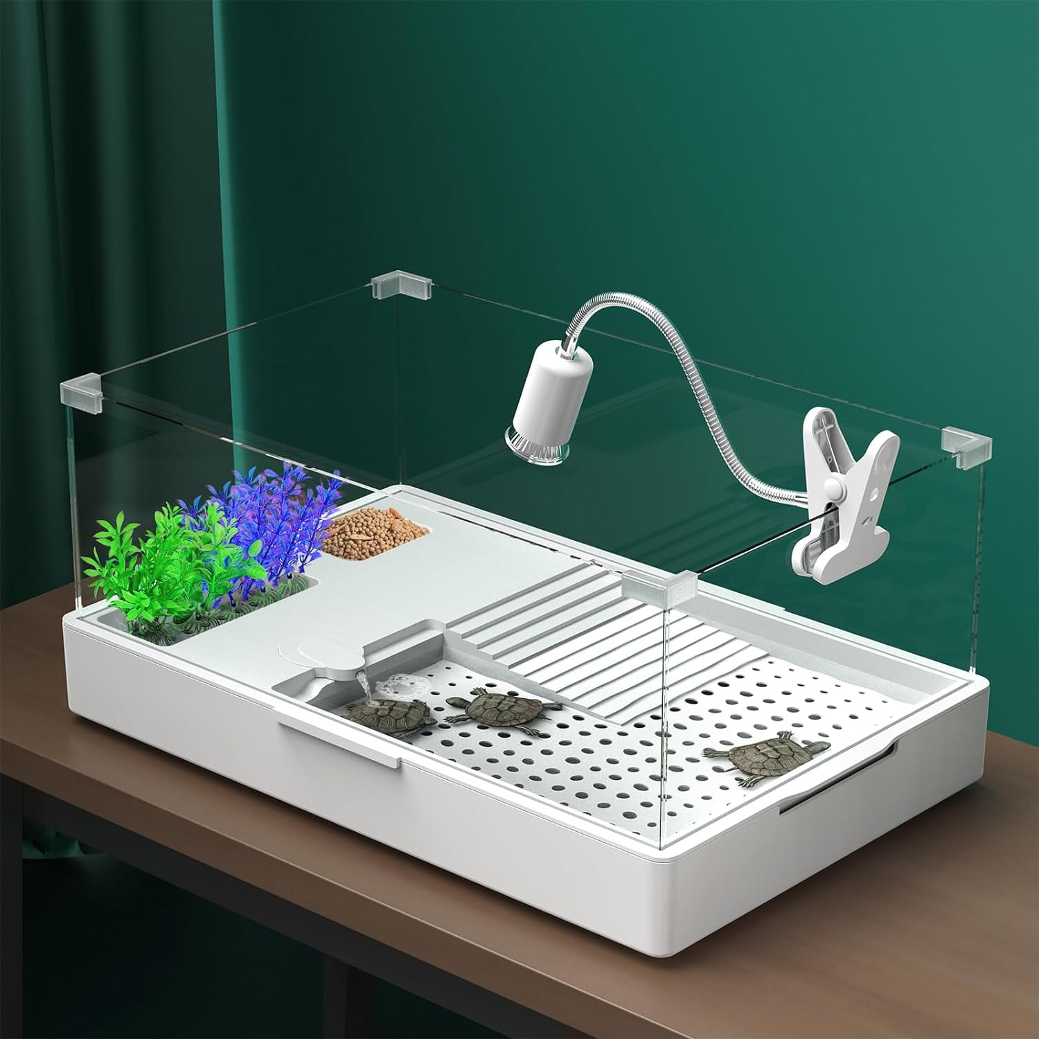 Aquario Tartarughe MOGOULUA Con Filtro - 35x17.5x18cm, Piattaforma Basking, Sistema Doccia, Antifuga - Foto 4