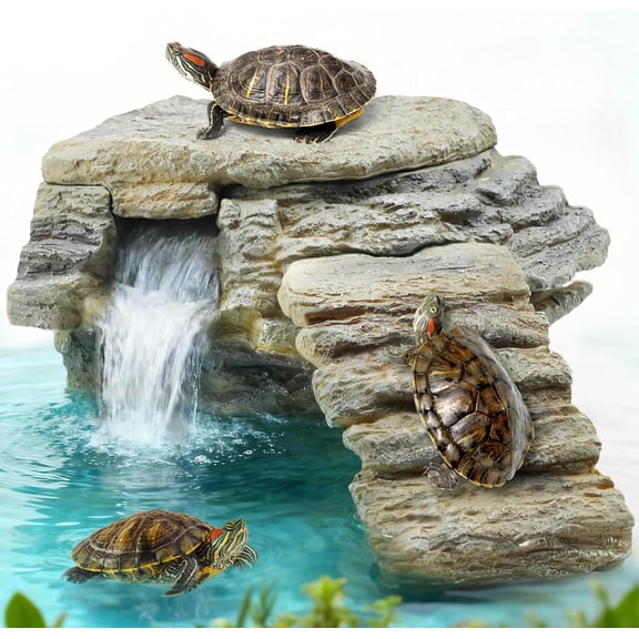 Turtle Tank Filter, Ultra-Quiet Turtle Filter with Turtle Basking Platform, Detachable Bridge for Climbing&Diving, Adjustable Flow, Multi-Layer Filtration, Filter for Turtle Tank, Decor