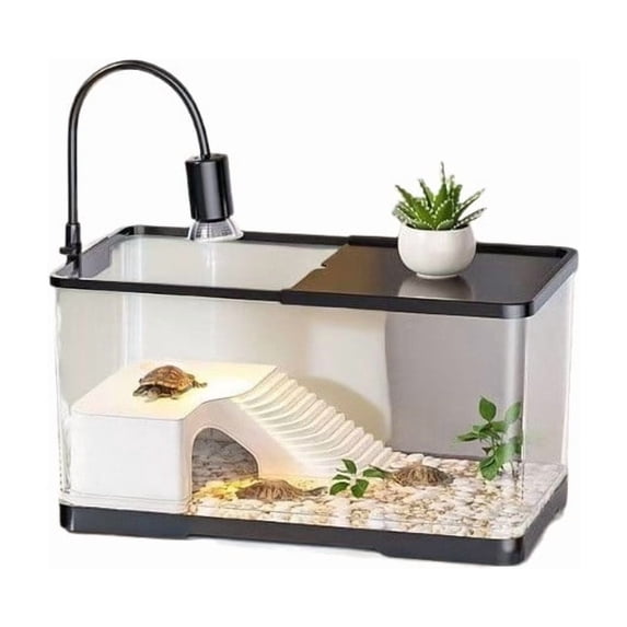 Turtle Tank Kit, 2-in-1 Aquatic and Terrestrial Habitat with Basking Platform, LED Heat Lamp, Climbing Ladder and Decor for Small Turtles, Reptiles and Amphibians