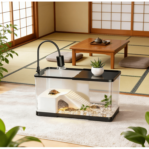 Turtle Tank Kit with Basking LED Heat Lamp, Aquatic and Terrestrial Habitat, Durable Small Reptile Terrarium, Year of The Horse Pet Accessory for Home Indoor Pet Care and Reptile Habitat Setup