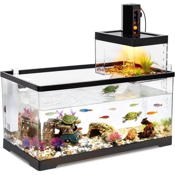 Turtle Tank Kit with Basking Platform,All in One Red Eared Slider Aquarium,Double-Layer Space Aquarium,Bottom Drainage Starter Turtle Habitat for Baby Tortoise,Fishes and Small Aquatic Animals