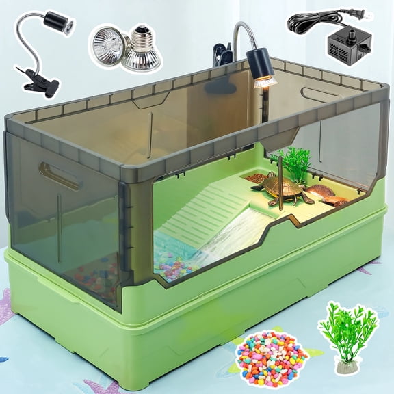 Turtle Tank Kit Complete Turtle Habitat with Advanced Filtration, Waterfall Play, Multi-Zone Living, Heat Lamp,Easy Water Change for Turtle Aquarium and Hermit Crab Tank(Green,18 In)