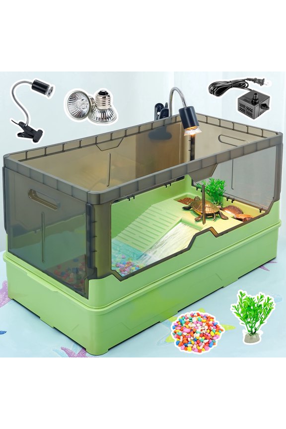 Turtle Tank Kit Complete Turtle Habitat with Advanced Filtration, Waterfall Play, Multi-Zone Living, Heat Lamp,Easy Water Change for Turtle Aquarium and Hermit Crab Tank(Green,18 In)