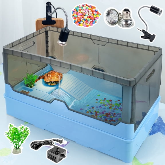 Turtle Tank Kit Complete Turtle Habitat with Advanced Filtration, Waterfall Play, Multi-Zone Living, Heat Lamp,Easy Water Change for Turtle Aquarium and Hermit Crab Tank(Blue,18 In)