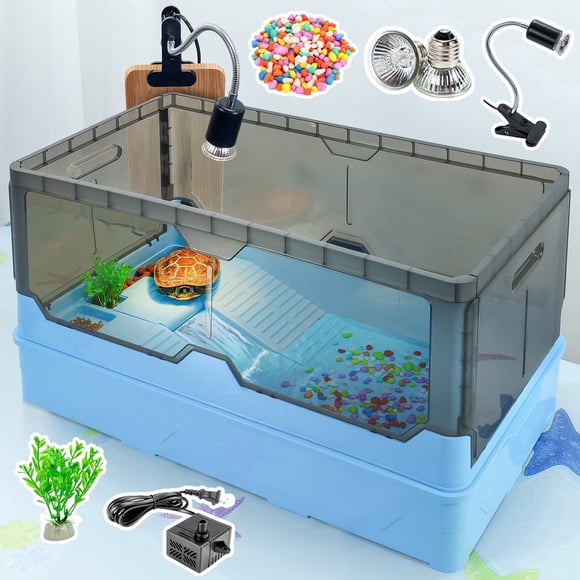 Turtle Tank Kit Complete Turtle Habitat with Advanced Filtration, Waterfall Play, Multi-Zone Living, Heat Lamp,Easy Water Change for Turtle Aquarium and Hermit Crab Tank（Blue,18 In）