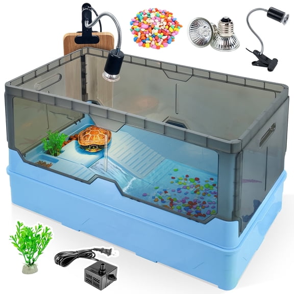 Turtle Tank Kit Complete Turtle Habitat with Advanced Filtration, Waterfall Play, Multi-Zone Living, Heat Lamp,Easy Water Change for Turtle Aquarium and Hermit Crab Tank(Blue,25.6 In)