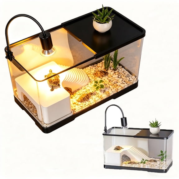 Turtle Tank Kit with LED Basking Heat Lamp, Aquatic Terrestrial Reptile Habitat, Small Turtle Terrarium with Decorations for Mini Turtles Frogs Reptiles Home Pet Supply