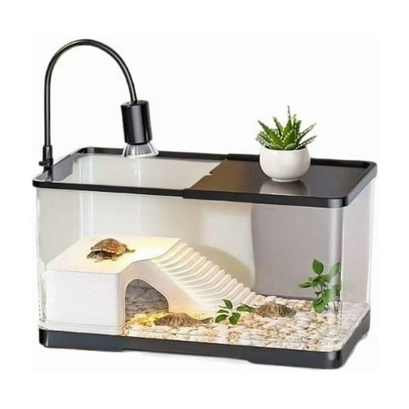 Turtle Tank Kit with Basking LED Light, Climbing Ladder, and Decorations, Aquatic and Terrestrial Habitat for Small Reptiles and Frogs