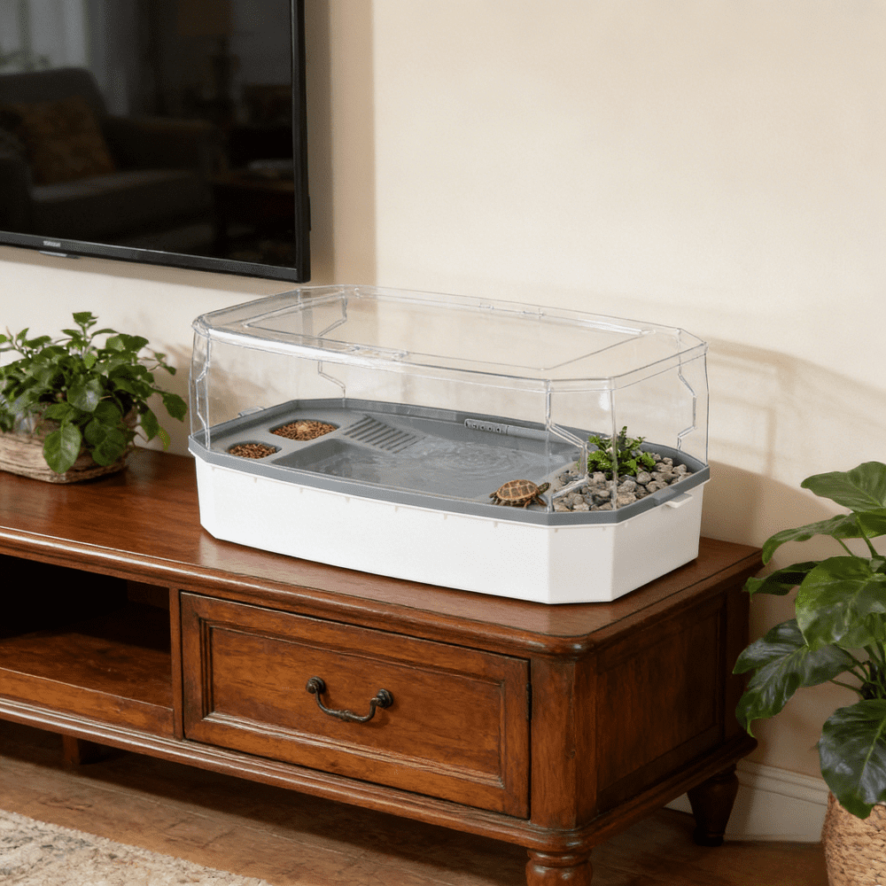 Turtle Tank Reptile Habitat Aquarium Indoor Terrarium 24.5In 3-Layer Filtration System Water Pump Circulation Basking Climbing Diving Areas Drainage Holes White Polypropylene PC Assembly