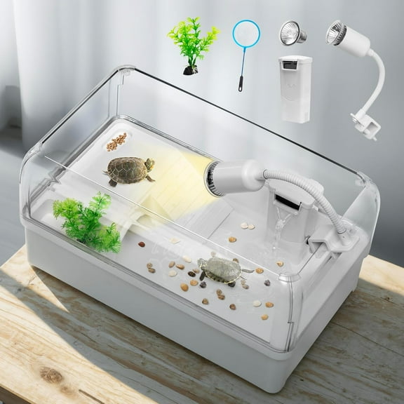 Turtle Tank Starter Habitat Kit,Complete Aquatic Terrarium Enclosure with Filter,Basking Platform with Hideout,Multi-Function Area,Drainage,Plants and Lamps,Perfect for Red Eared Slider Aquarium