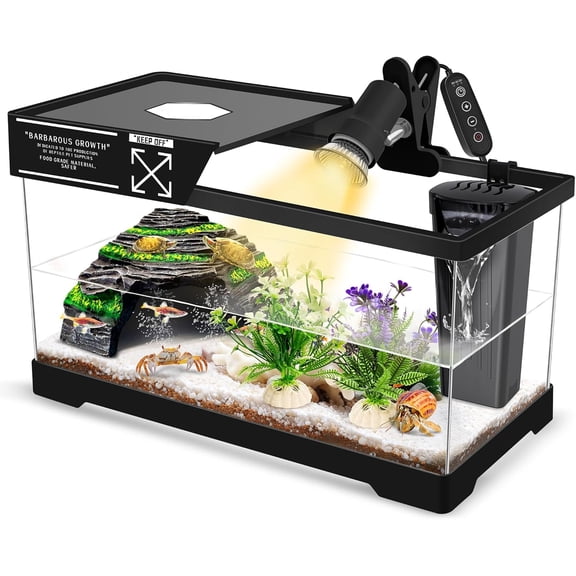 Turtle Tank, Upgrade PC Turtle Tank Starter Kit, Resin Hideout Habitat, Basking Platform, Bottom Drainage for Turtles, Crabs, Shrimps and Other Small Reptiles. (15.75x7.9x9''/Black)