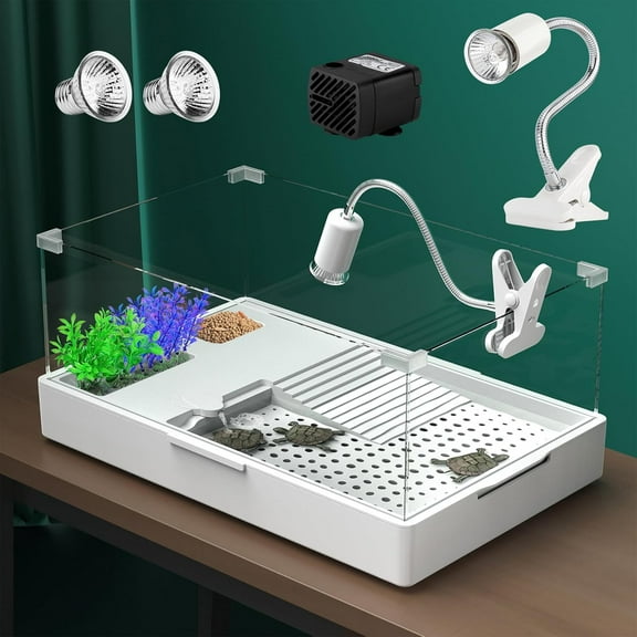 Turtle Tank with Light and Water Pump, Aquarium with Platform Plants for Pet Reptile Habitat (15.7''x11.8''x10'')
