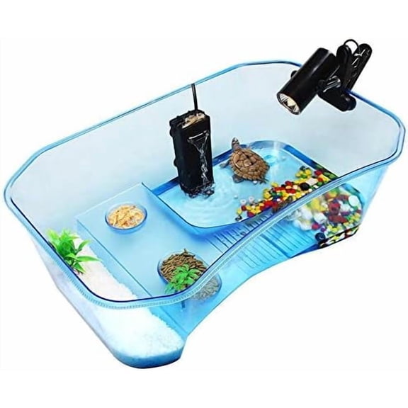 Turtle Tank with Multi-Function Areas, Easy Assembly, Ideal for Small Turtles & Reptiles, Includes Plastic Tree & Fishing Net